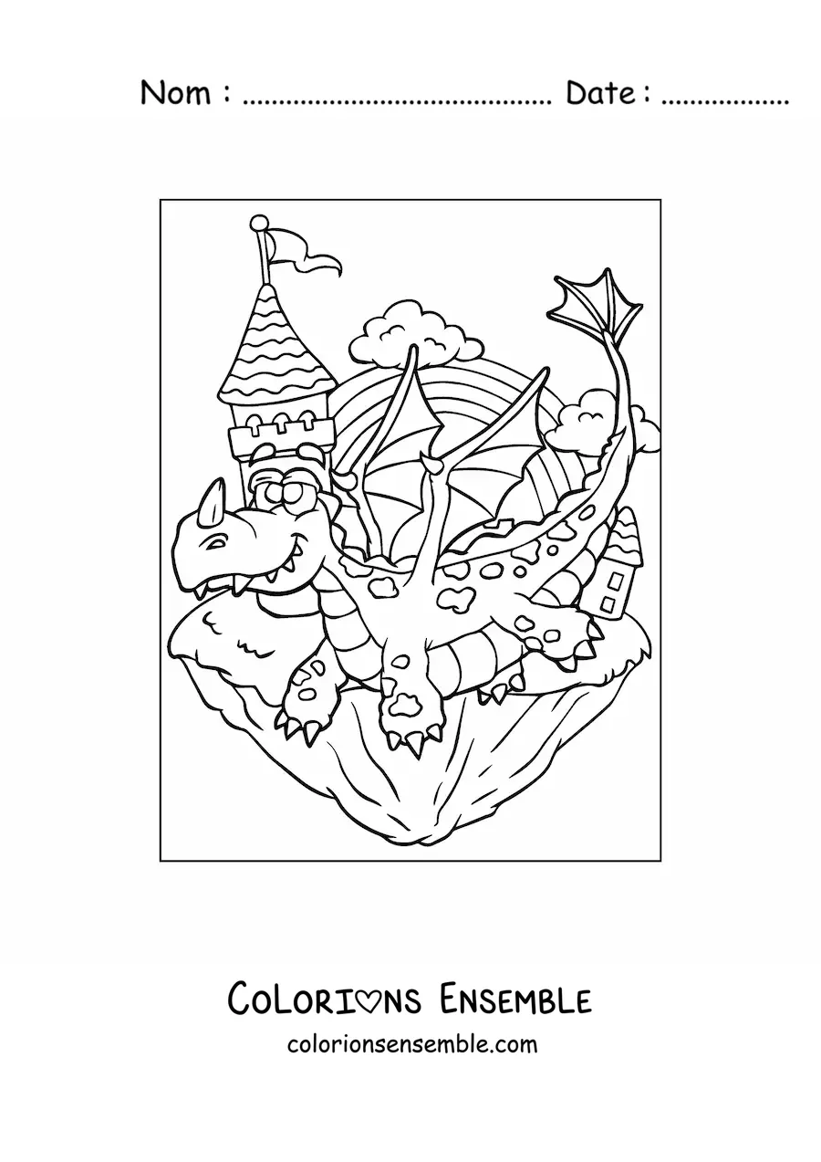 Image à colorier d’un dragon façon dessin animé volant à côté du château