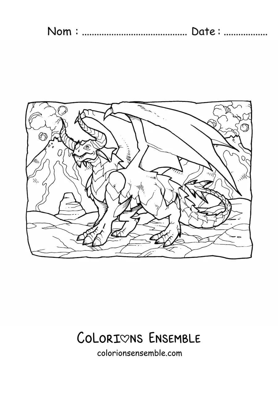 Image à colorier d’un dragon mythologique effrayant avec des cornes
