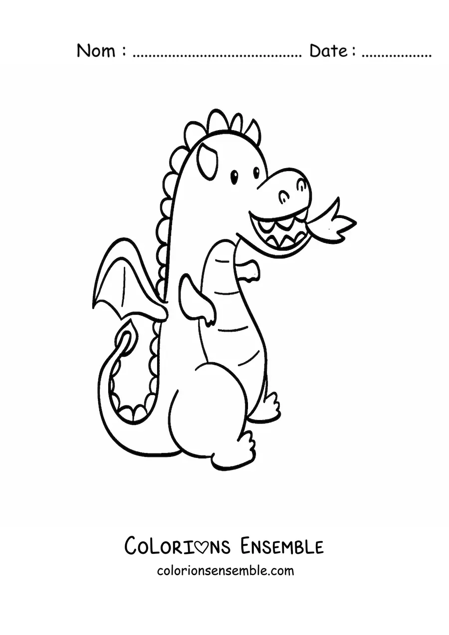 Image à colorier d’un bébé dragon façon dessin animé qui crache du feu