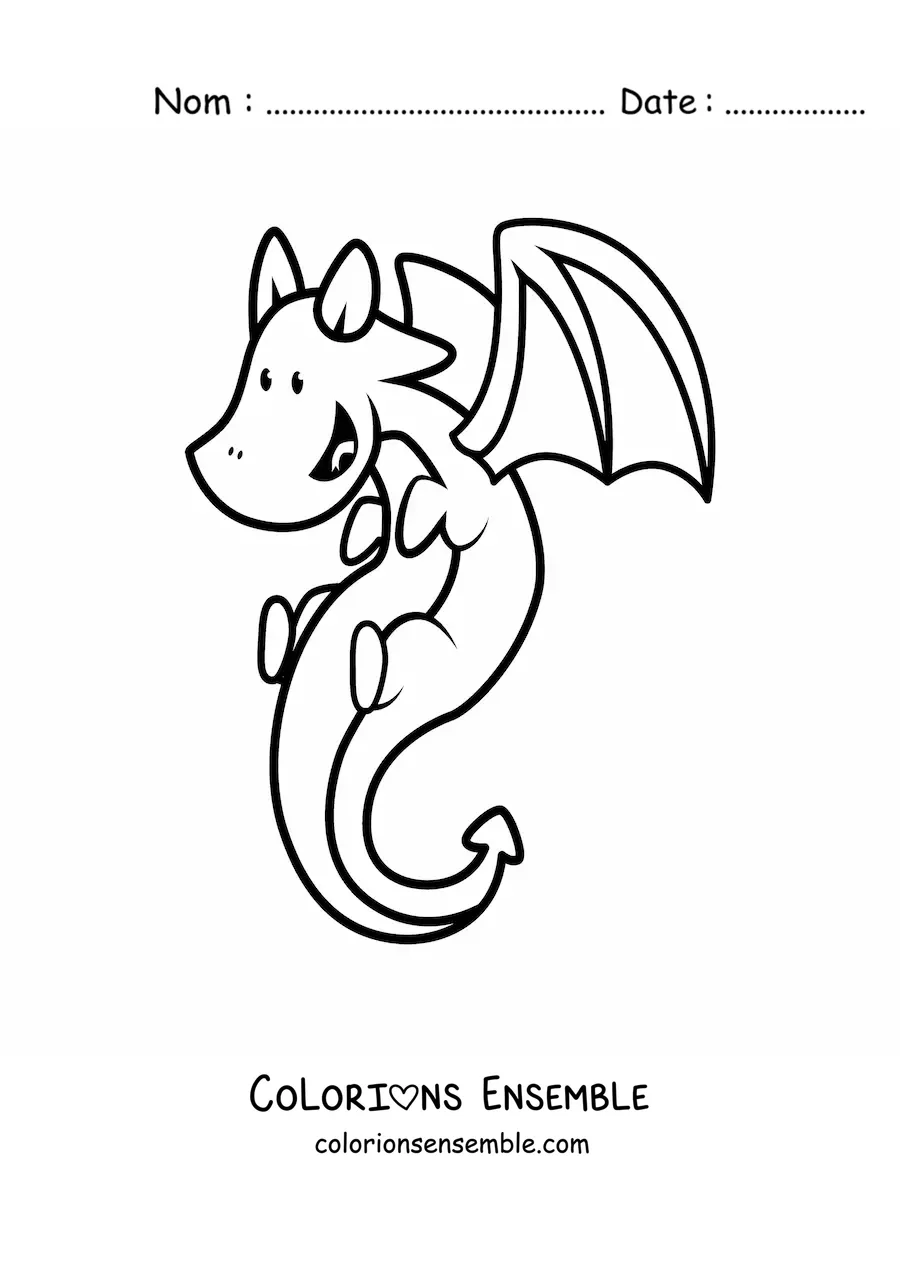 Image à colorier d’un petit dragon façon dessin animé qui vole