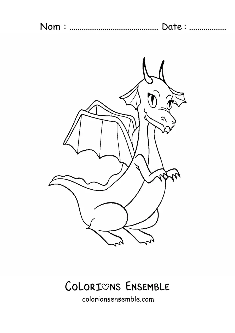 Image à colorier d’une dragonne façon dessin animé assise