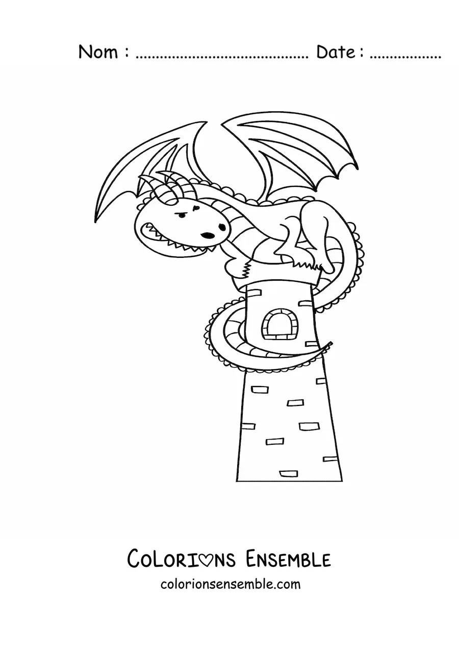 Image à colorier d’un dragon façon dessin animé sur une tour