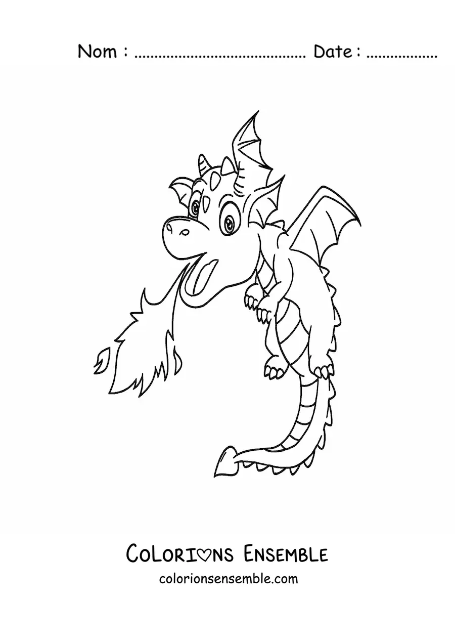 Image à colorier d’un dragon volant qui crache du feu