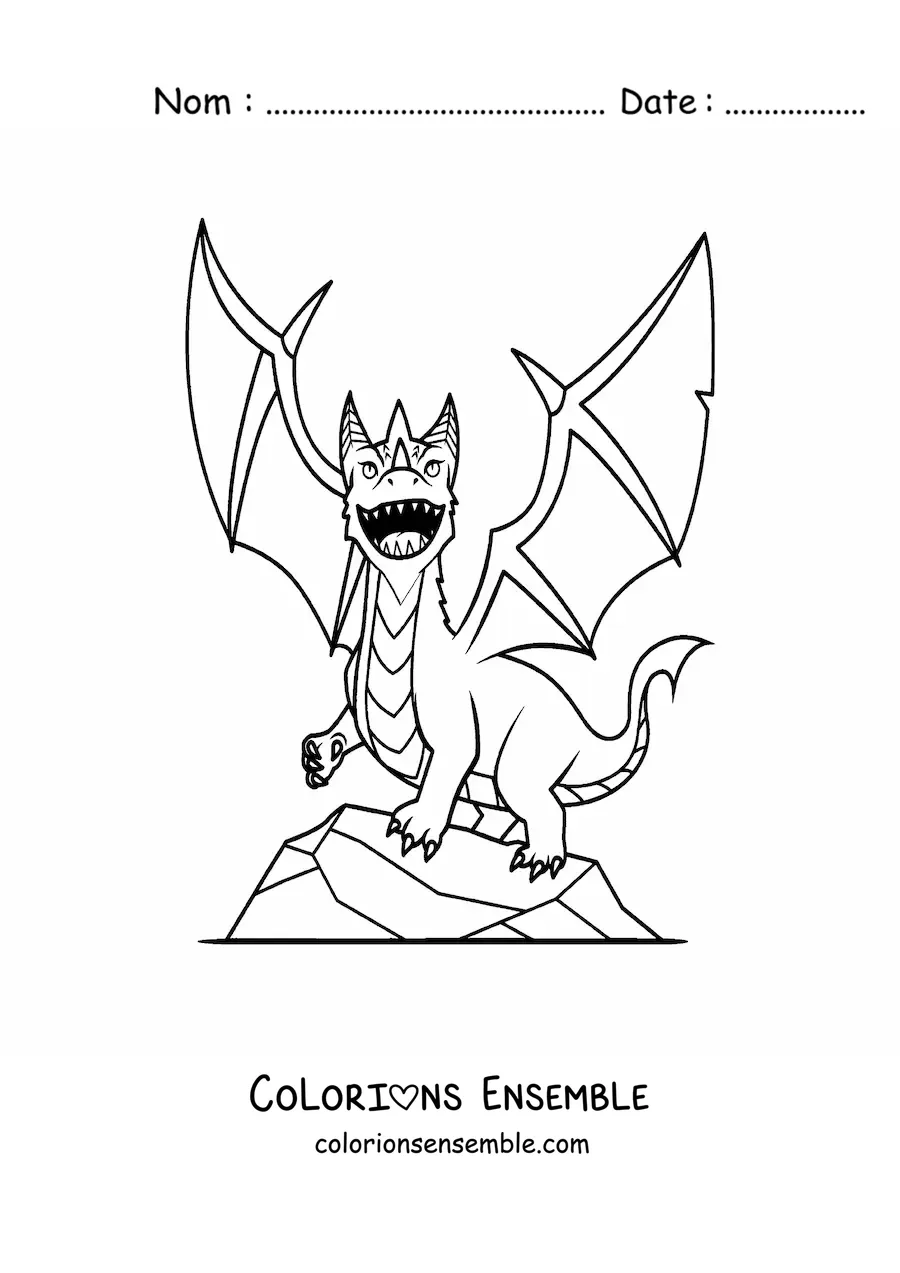 Image à colorier d’un dragon volant au-dessus d’un rocher