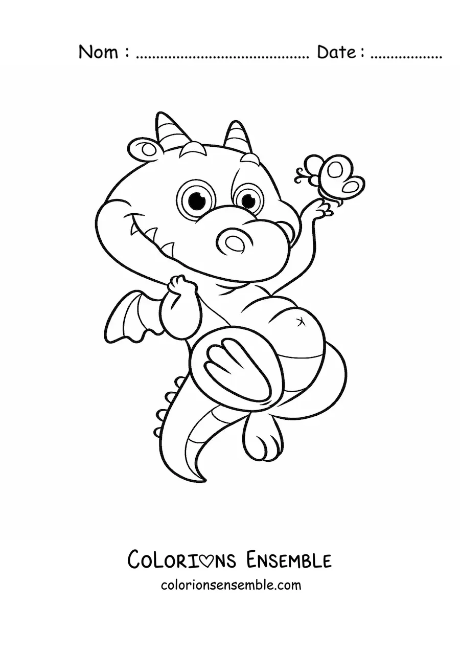 Image à colorier d’un petit dragon volant avec un papillon, façon dessin animé