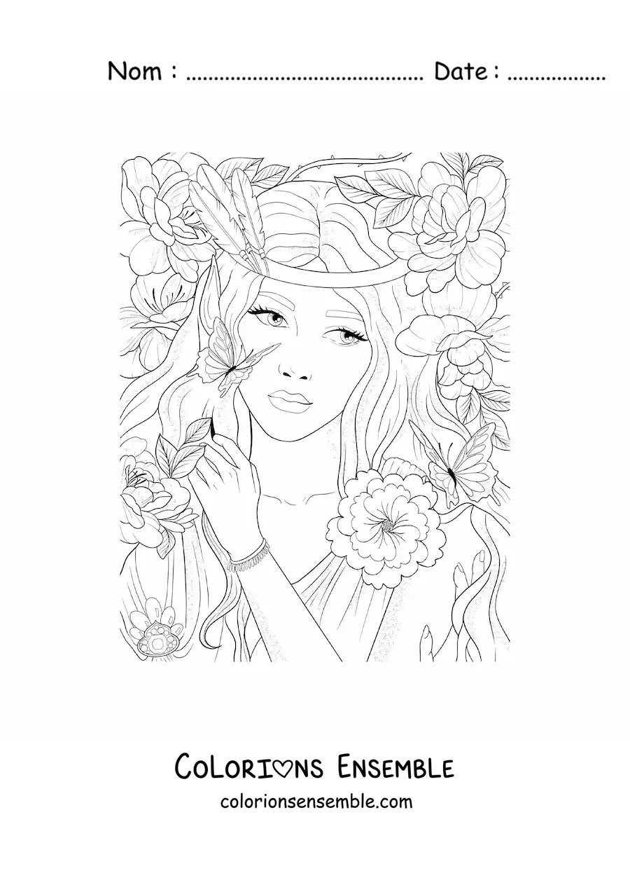 Image à colorier d’un elfe esthétique avec des fleurs et des papillons