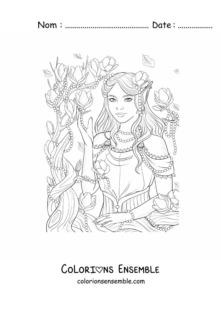 Image à colorier d’un elfe mythologique avec des fleurs