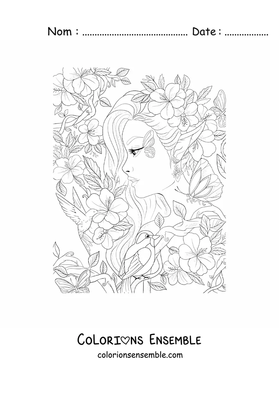 Image à colorier d’une femme elfe de la forêt avec des fleurs et des oiseaux