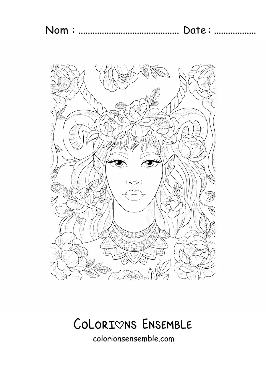Image à colorier d’une belle femme elfe avec des cornes et des fleurs
