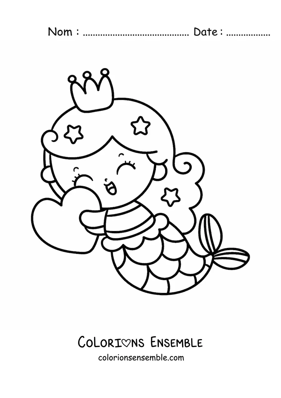 Image à colorier d’une princesse sirène kawaii avec un cœur