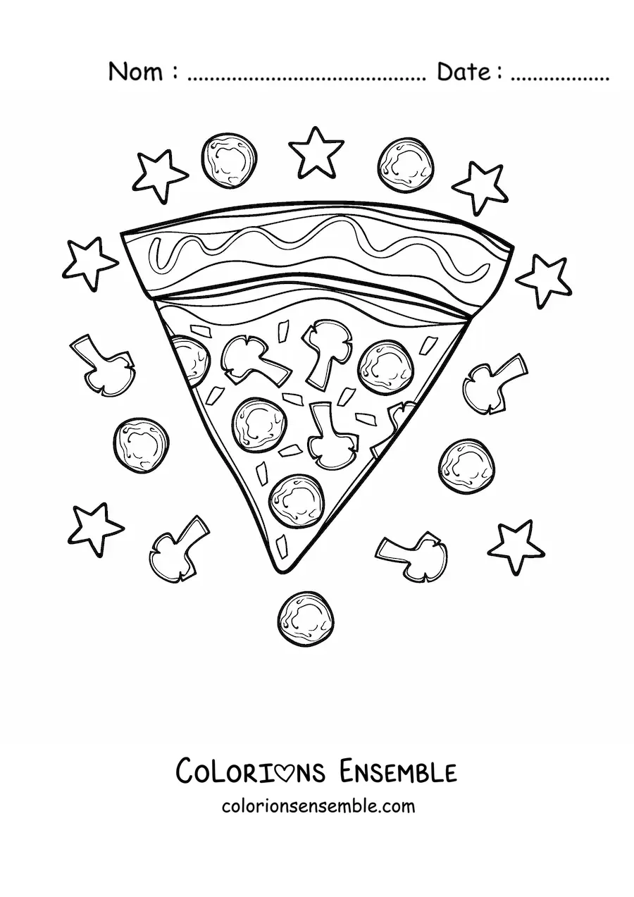 Image à colorier d'une part de pizza entourée d'étoiles et d'ingrédients