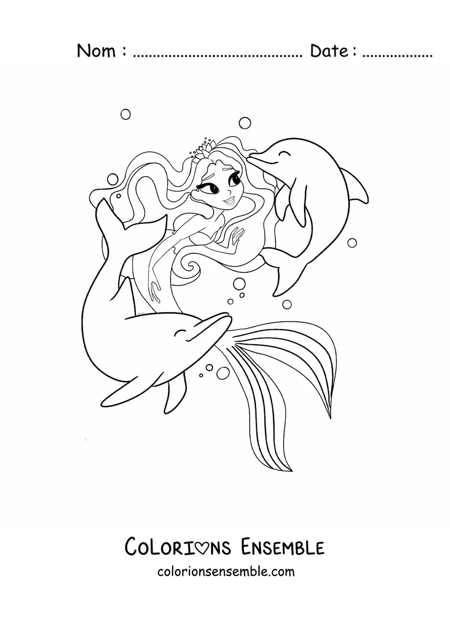 Image à colorier d’une jolie princesse sirène avec des dauphins