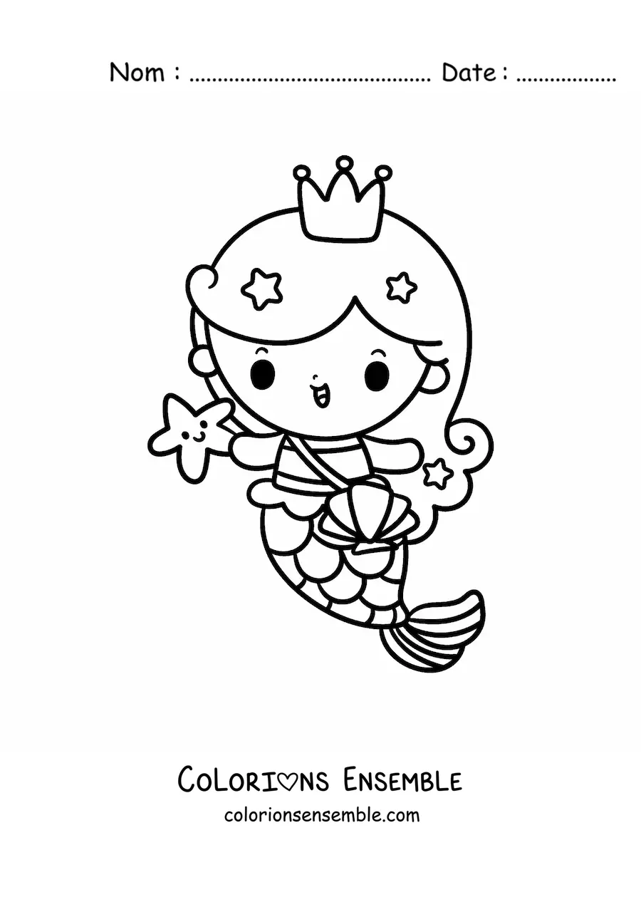 Image à colorier d’une princesse sirène kawaii avec un sac et une étoile de mer