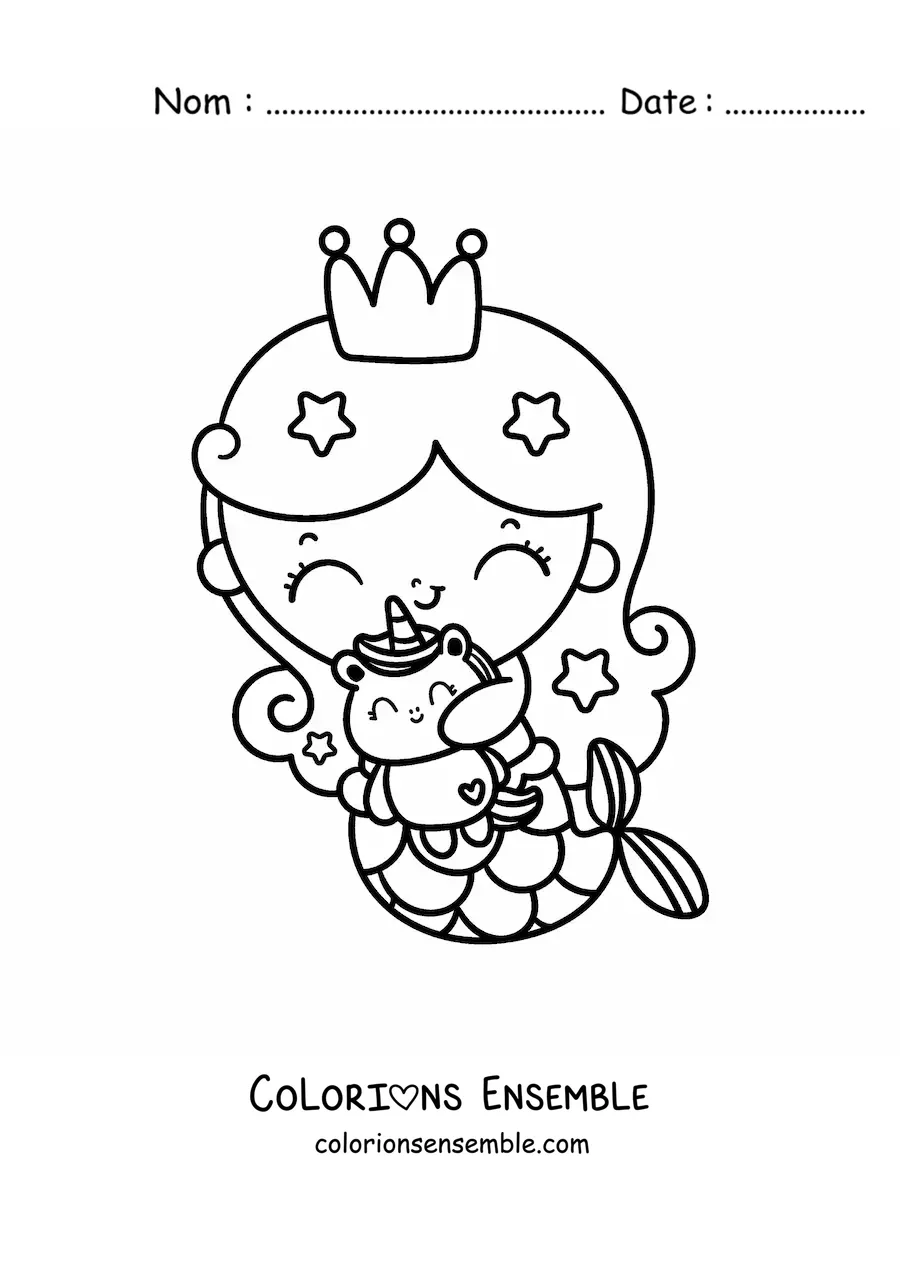 Image à colorier d’une princesse sirène kawaii avec une peluche de licorne