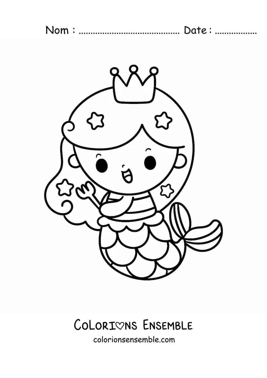 Image à colorier d’une princesse sirène kawaii avec une fourchette