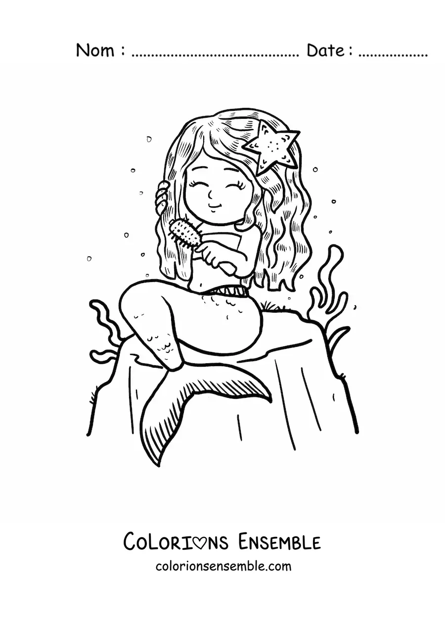 Image à colorier d’une sirène façon dessin animé assise sur un rocher qui se coiffe