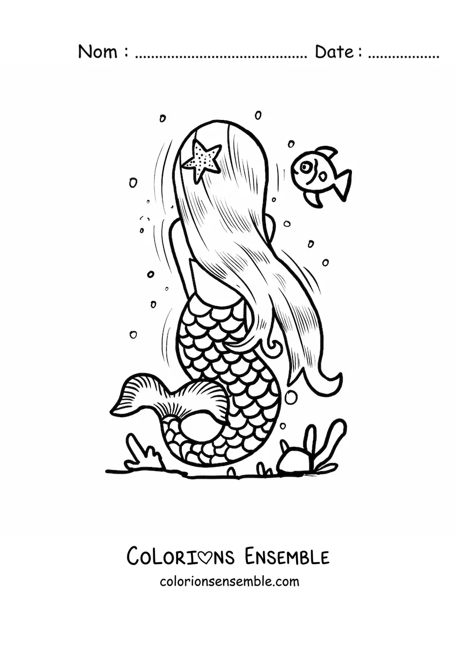 Image à colorier d’une sirène de dos dans la mer