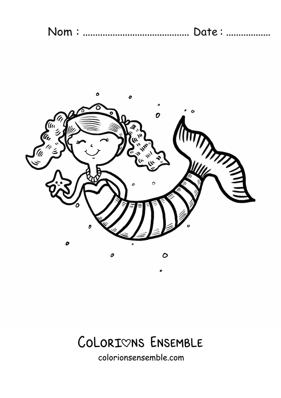Image à colorier d’une princesse sirène avec une étoile de mer