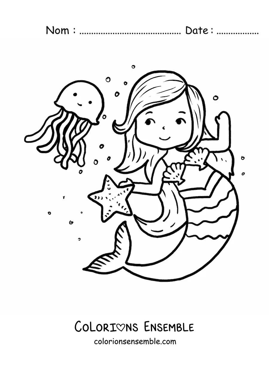 Image à colorier d’une sirène façon dessin animé qui danse avec une méduse et une étoile de mer