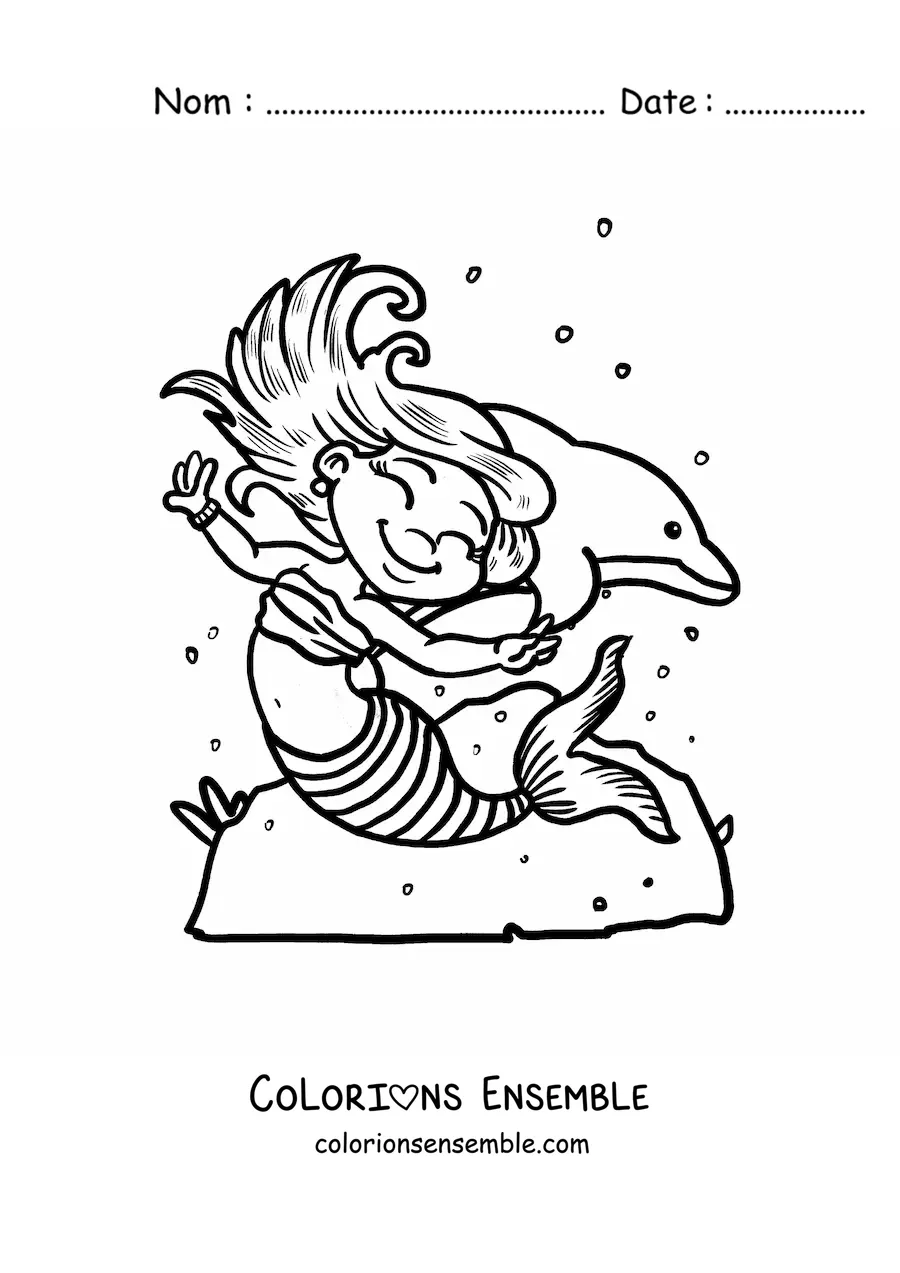 Image à colorier d’une sirène façon dessin animé qui danse avec un dauphin