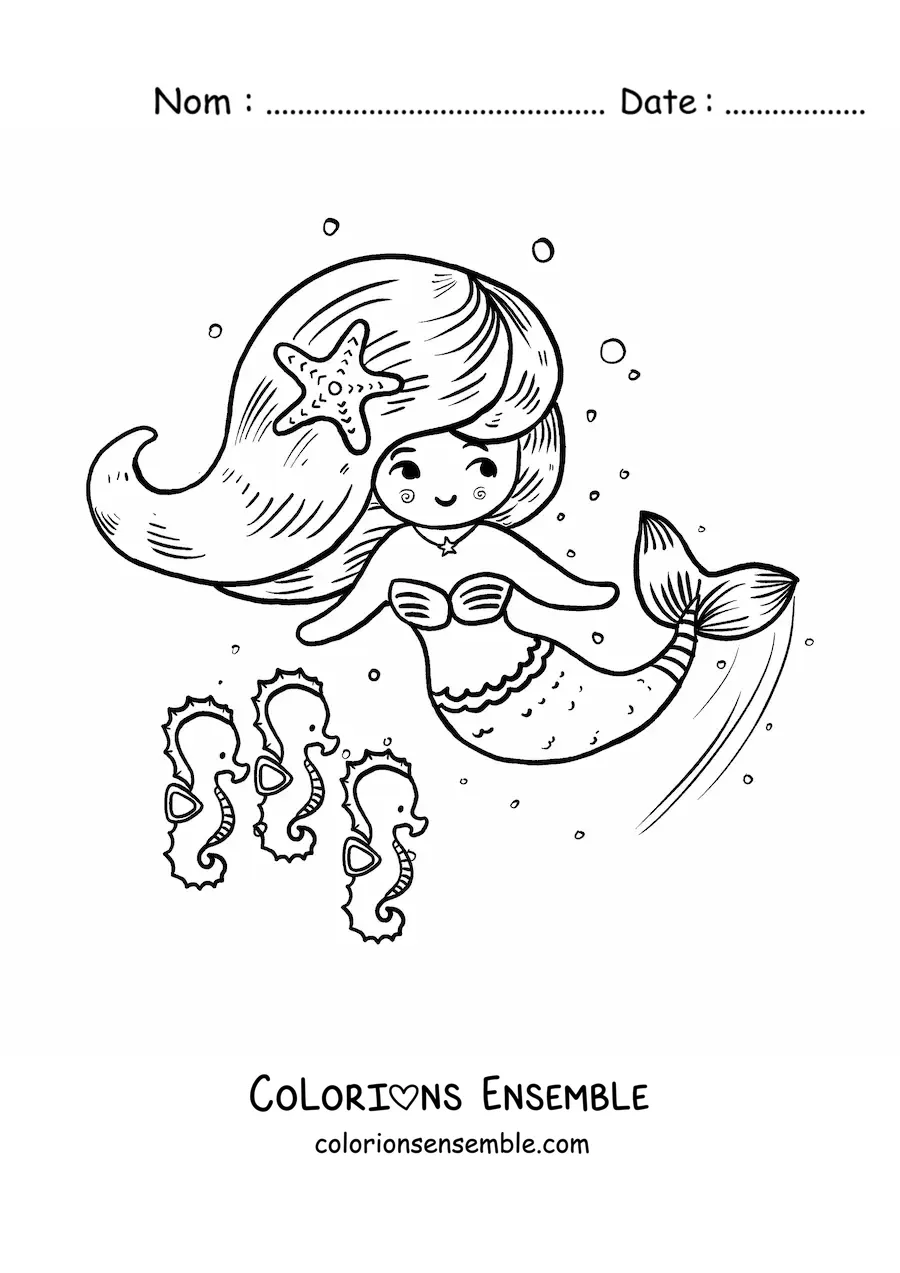 Image à colorier d’une sirène façon dessin animé qui nage avec des hippocampes