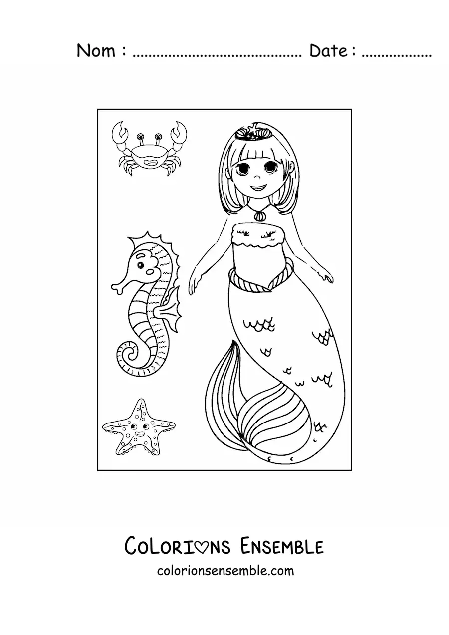 Image à colorier d’une princesse sirène style anime avec un hippocampe