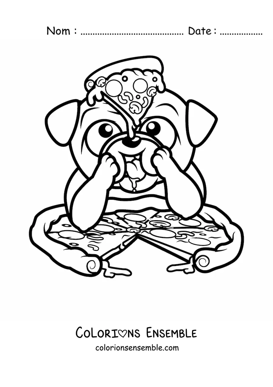 Image à colorier d'un carlin animé qui mange une pizza