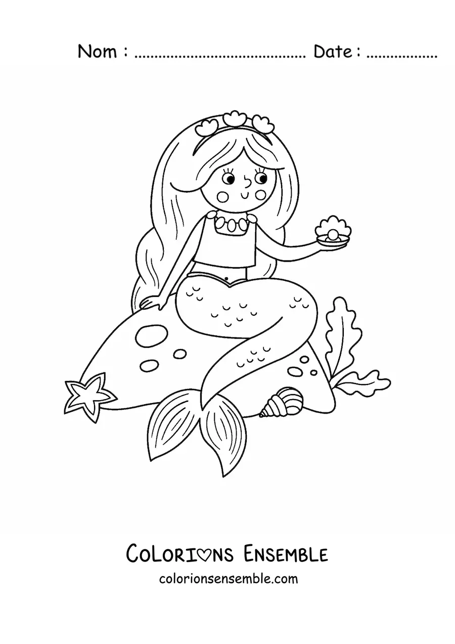 Image à colorier d’une sirène assise sur un rocher