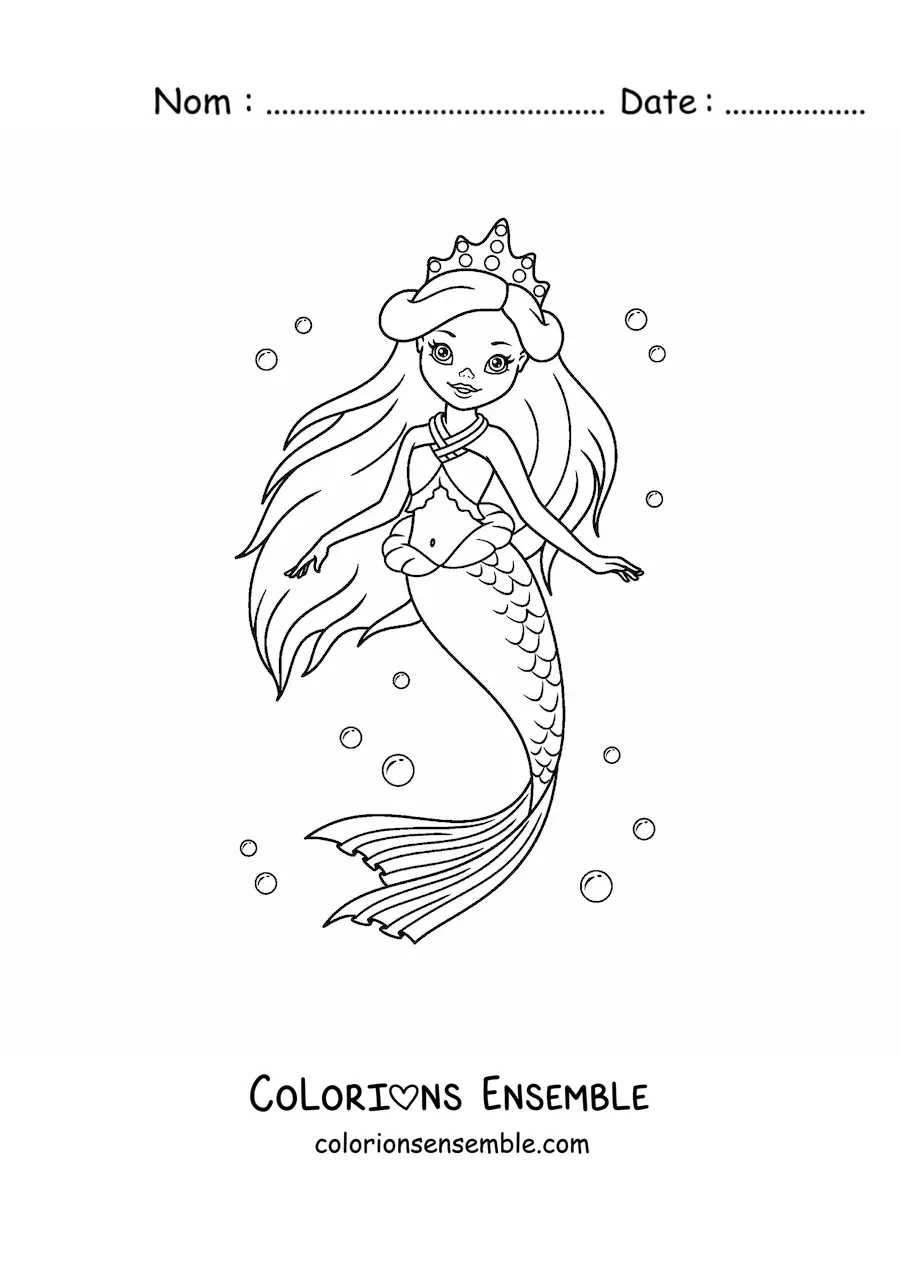 Image à colorier d’une belle princesse sirène dans la mer