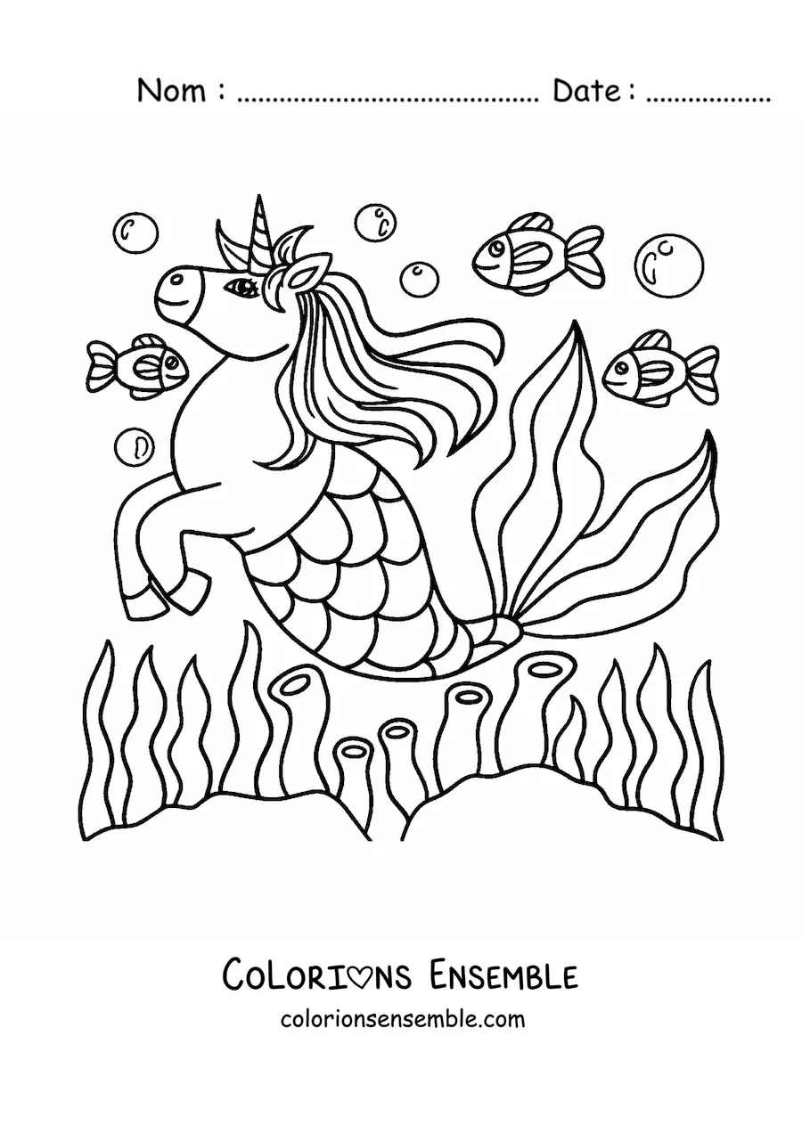 Image à colorier d’une licorne sirène qui nage avec des poissons