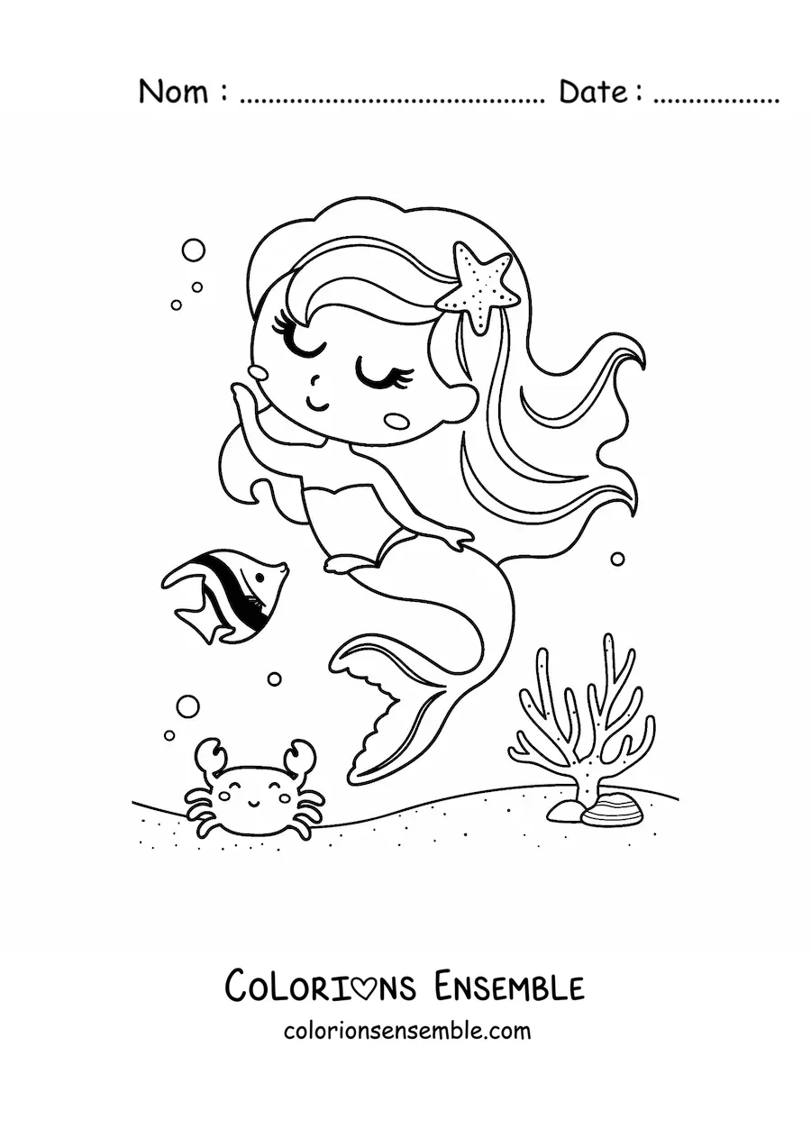 Image à colorier d’une sirène qui danse avec un poisson et un crabe