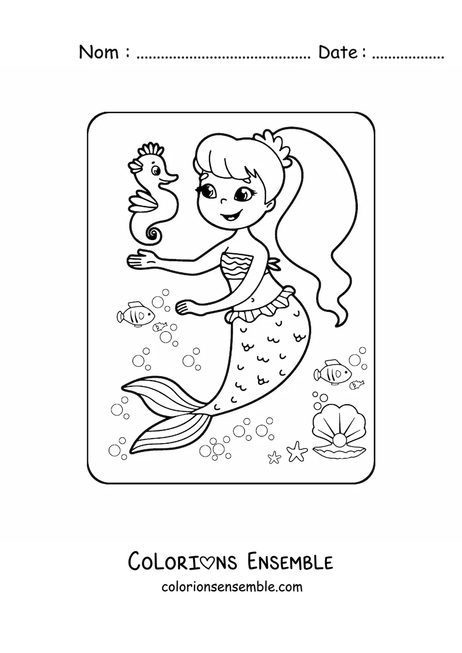Image à colorier d’une petite fille sirène avec un hippocampe