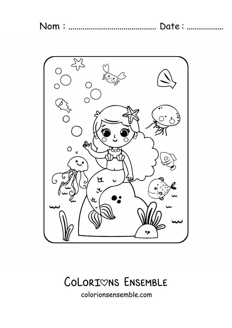 Image à colorier d’une sirène kawaii assise sur un rocher avec des poissons