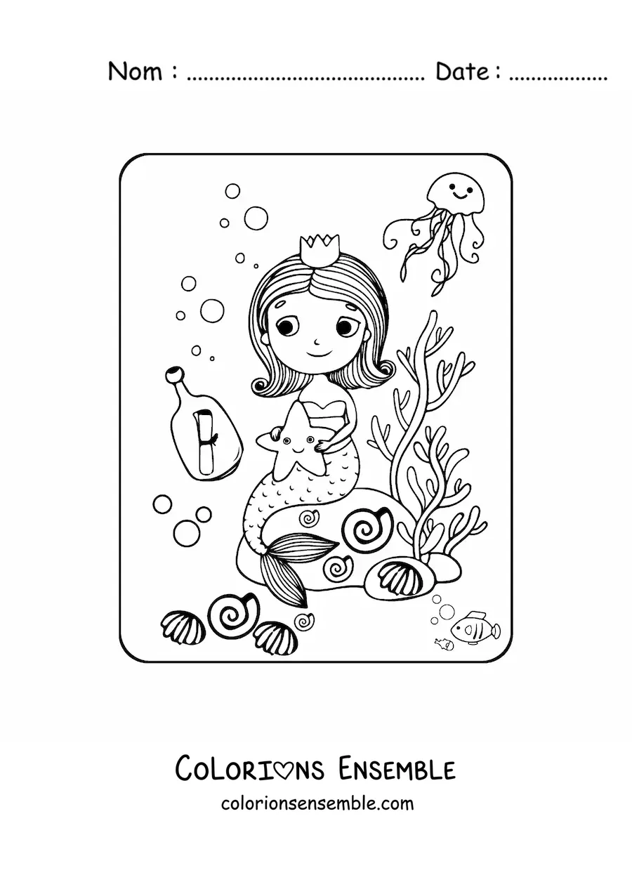 Image à colorier d’une princesse sirène kawaii assise sur un rocher avec des poissons