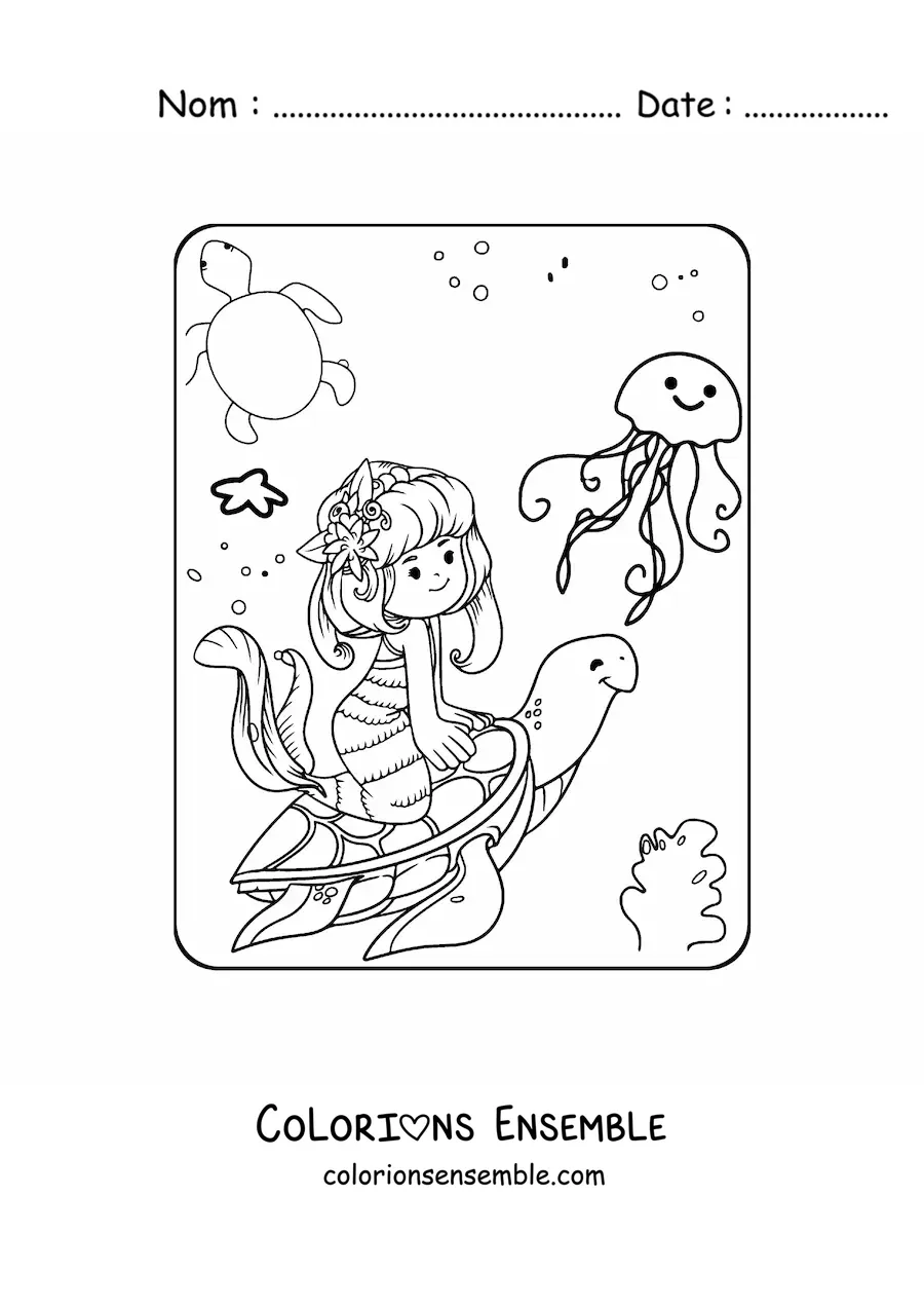 Image à colorier d’une princesse sirène kawaii qui nage avec une tortue de mer