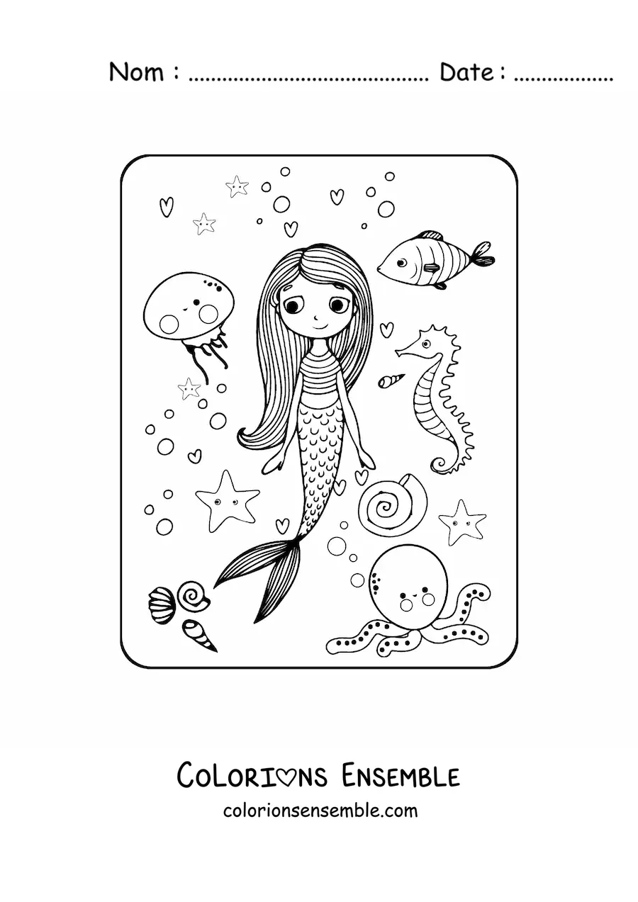 Image à colorier d’une sirène façon dessin animé avec des poissons
