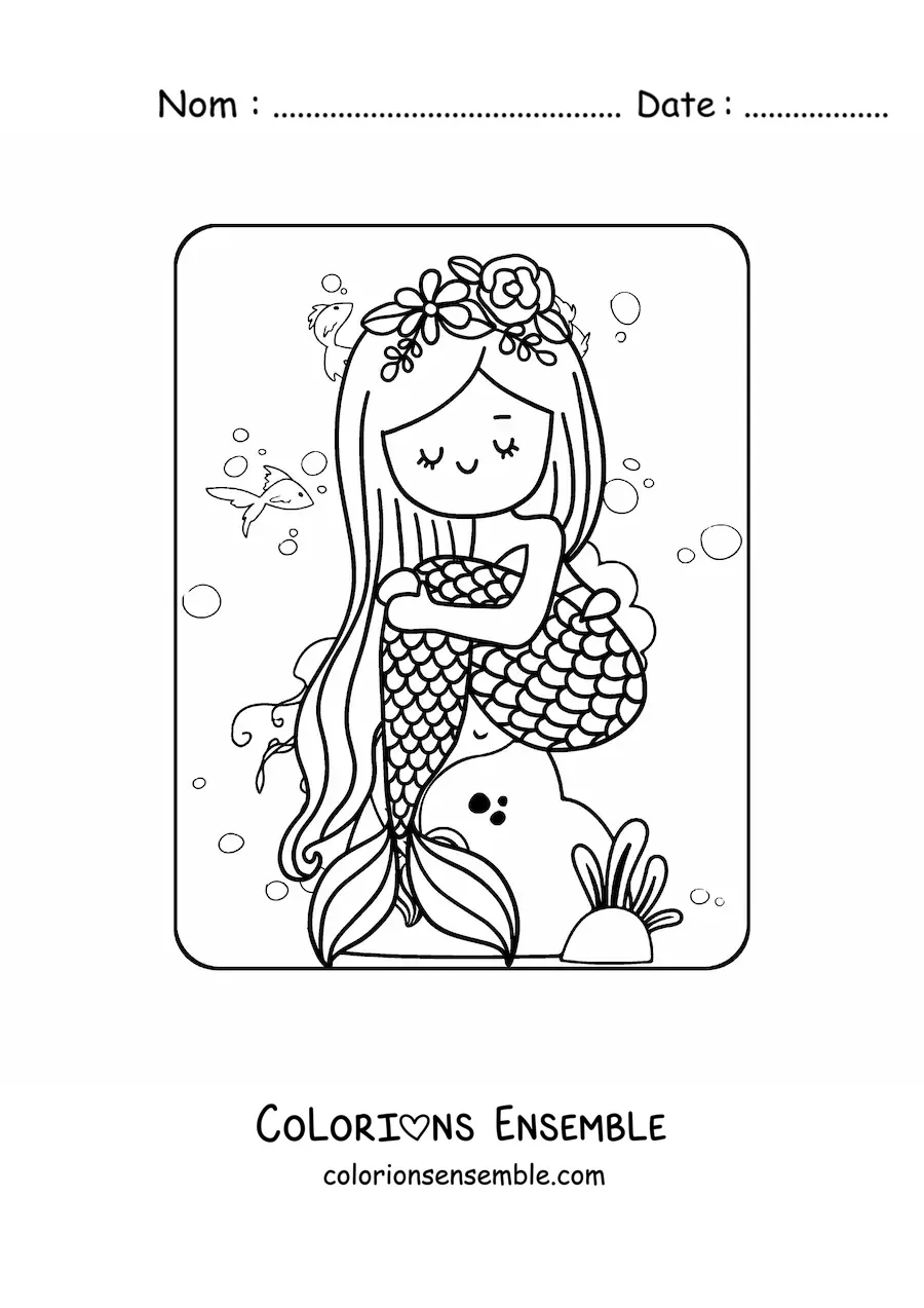 Image à colorier d’une mignonne sirène assise sur un rocher
