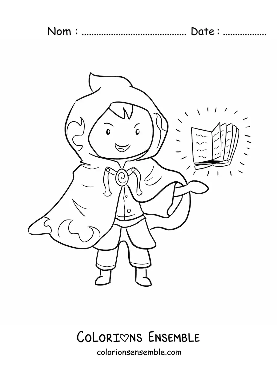 Coloriage d’un sorcier avec une cape et un livre de sorts