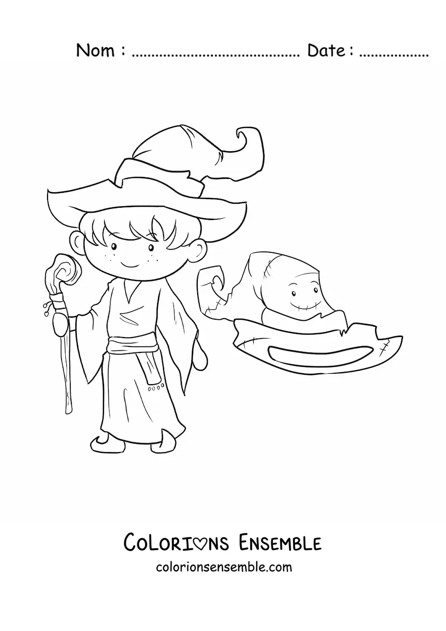 Coloriage d’un sorcier animé avec un chapeau