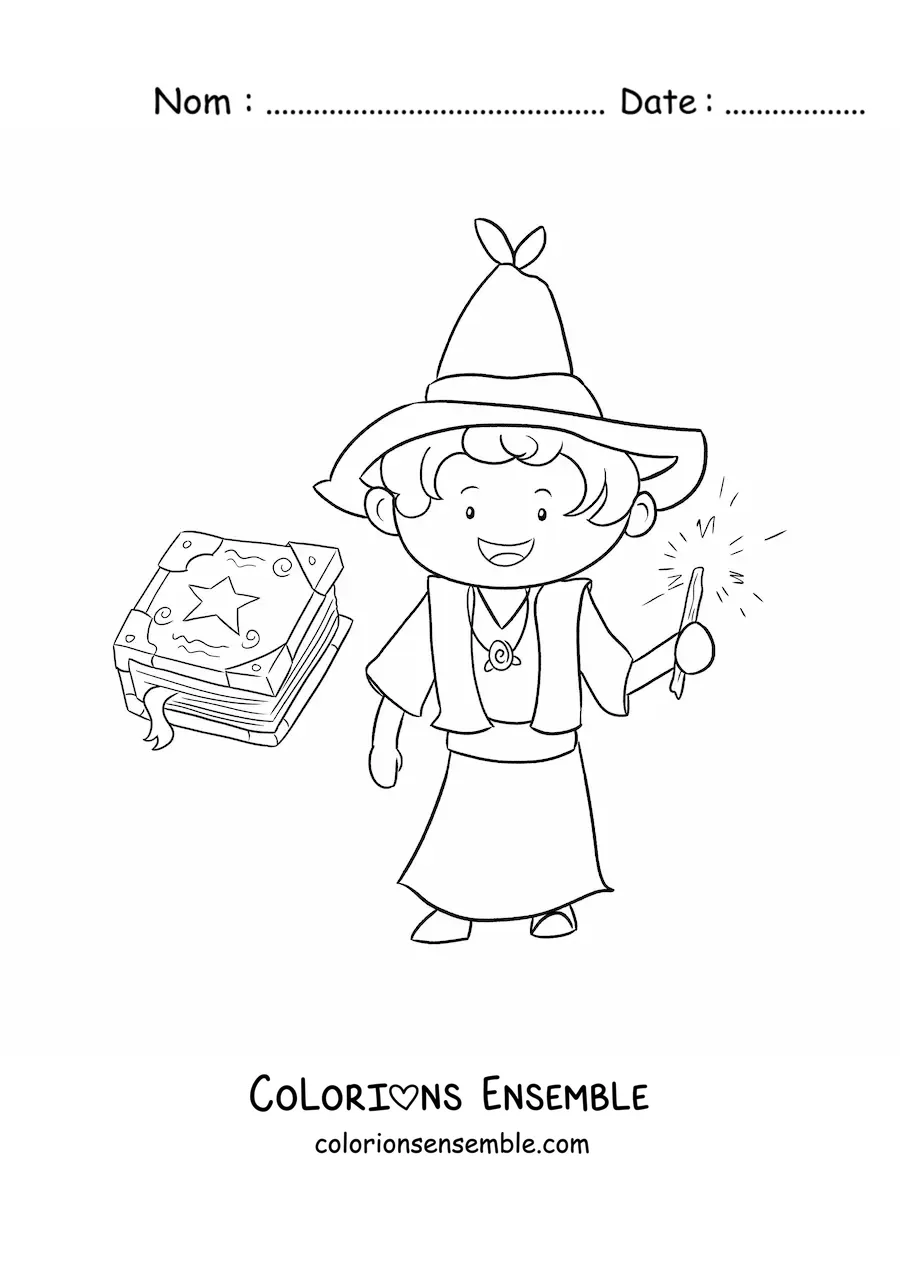 Coloriage d’un sorcier avec une baguette et un livre de sorts