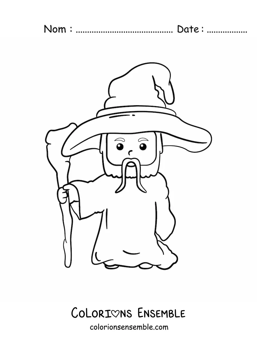 Coloriage d’un sorcier kawaii avec un bâton