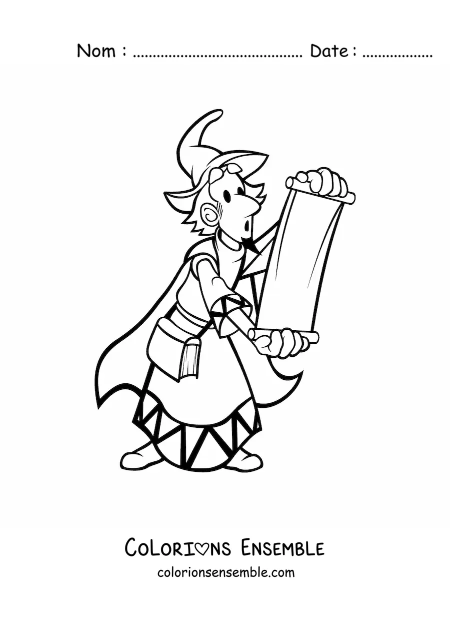 Coloriage d’un sorcier animé lisant un parchemin