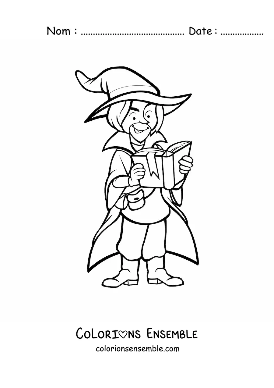 Coloriage d’un sorcier sombre lisant un livre