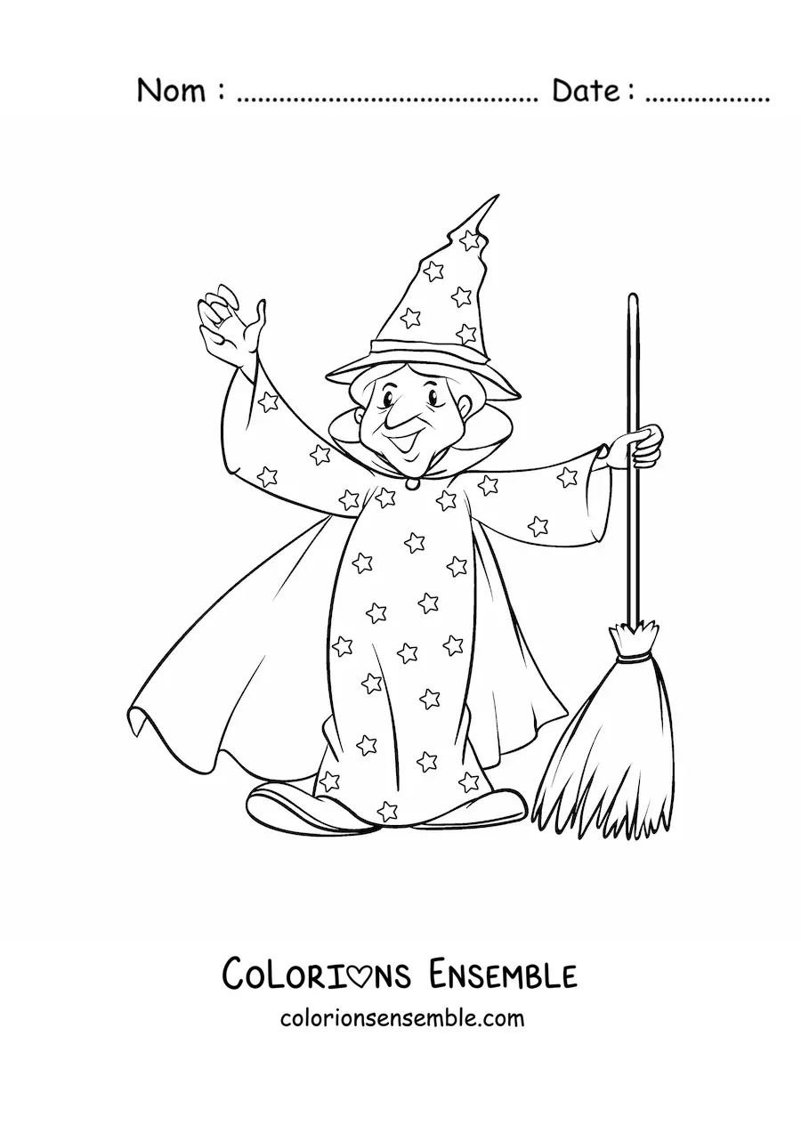 Coloriage d’un sorcier avec une cape et un balai