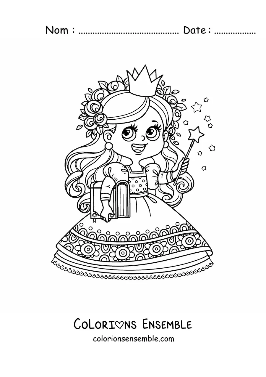 Coloriage d’une princesse magique kawaii avec un livre