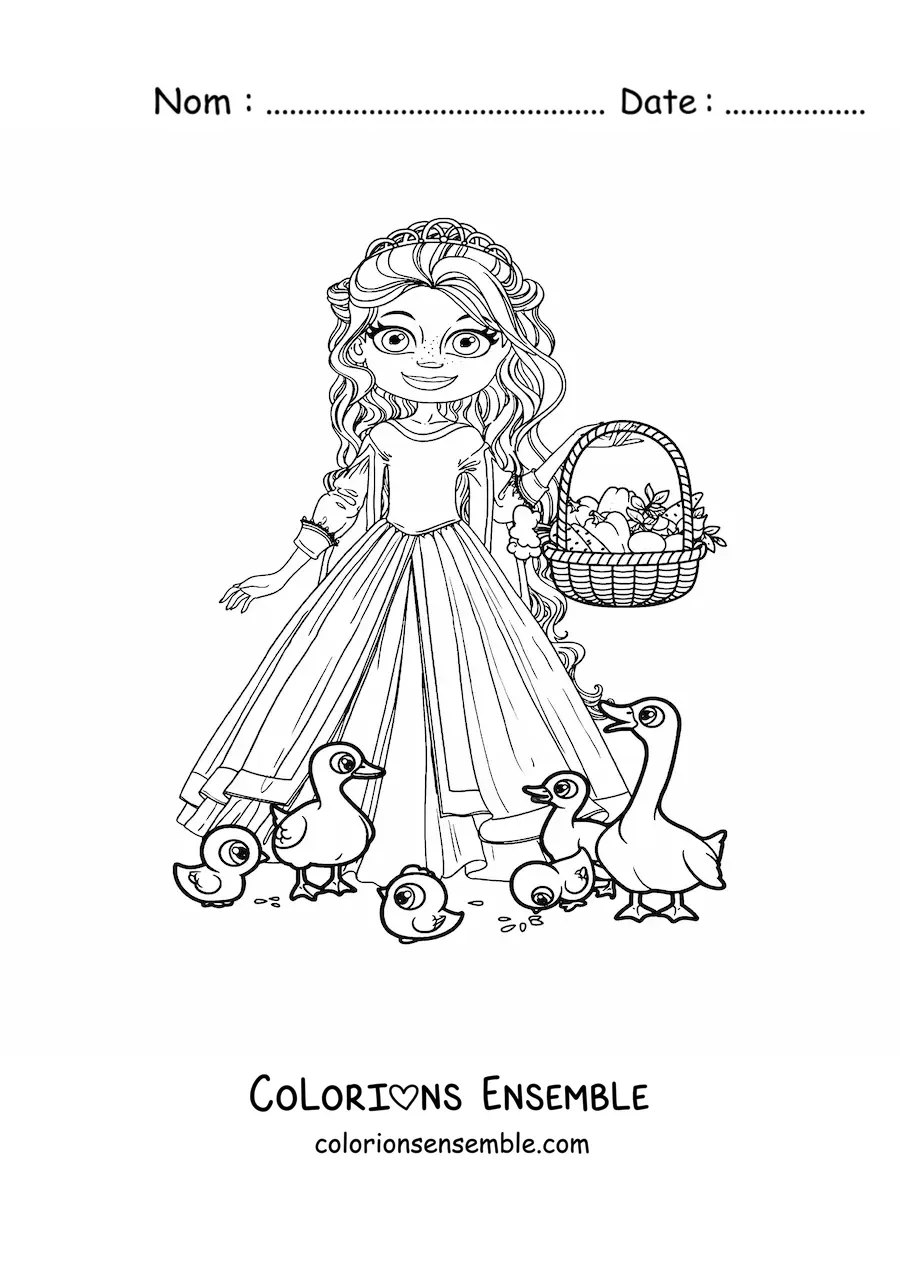 Coloriage d’une princesse animée nourrissant des canards avec un panier de fruits