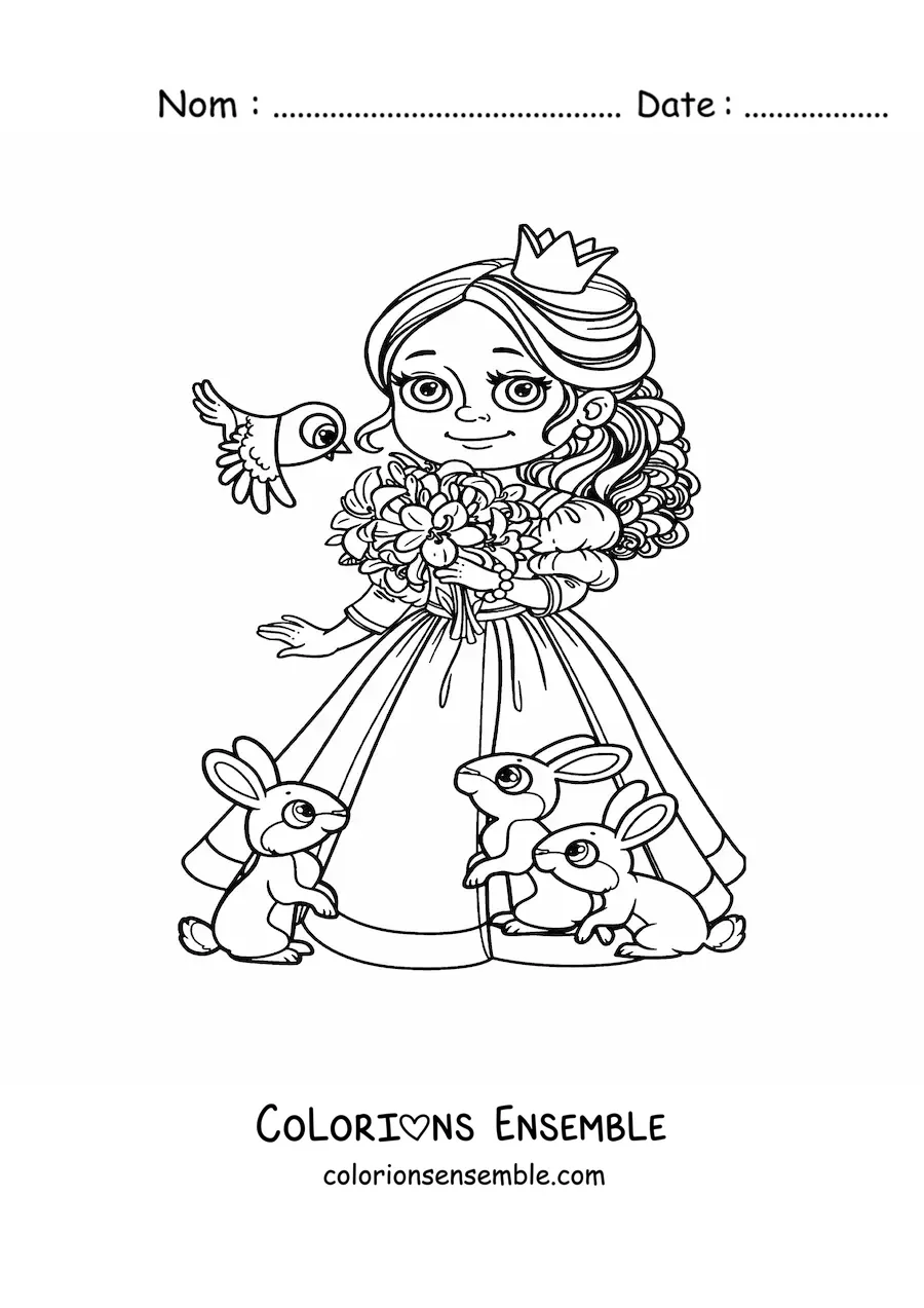Coloriage d’une princesse kawaii avec ses animaux de compagnie et des fleurs