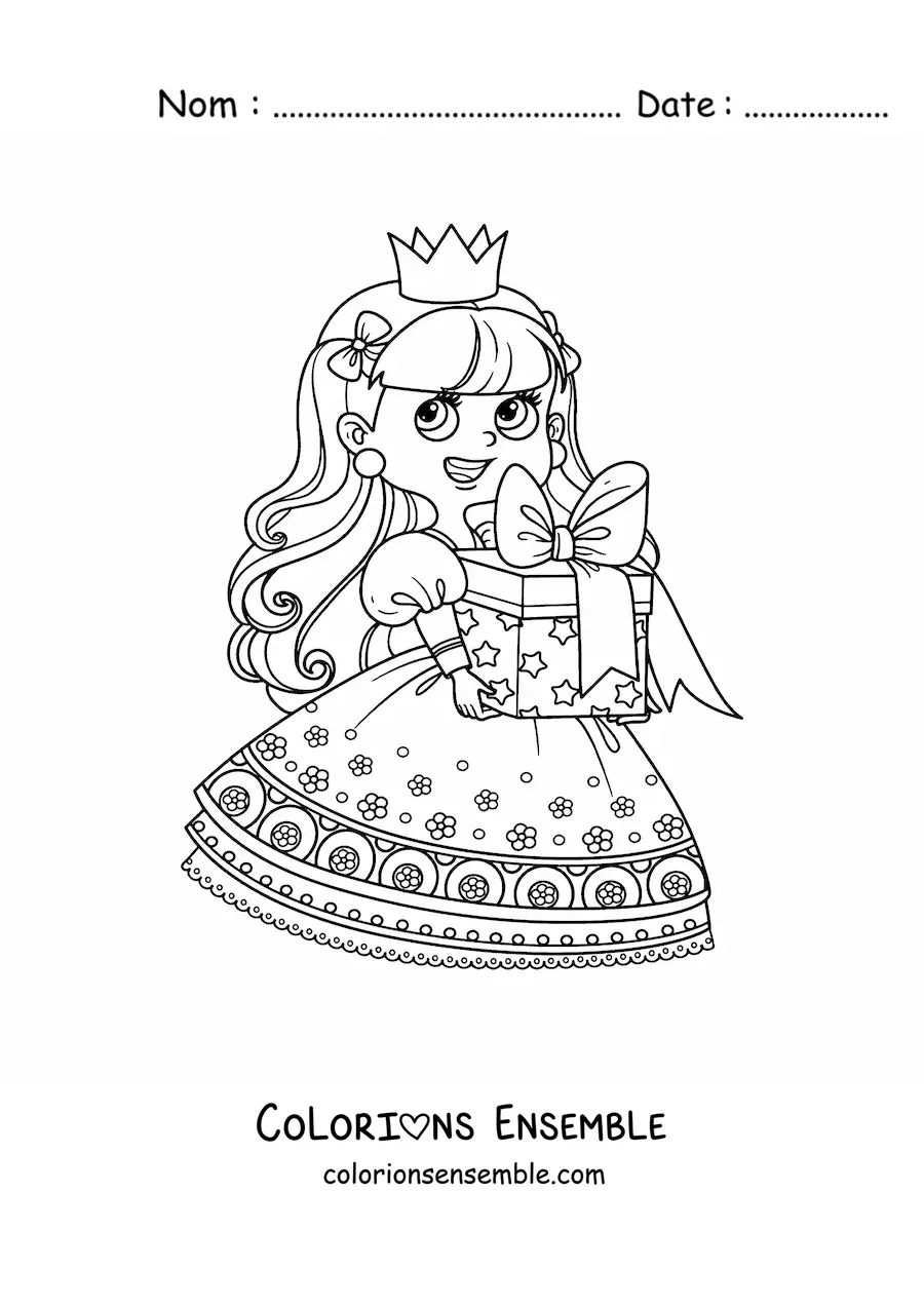 Coloriage d’une princesse kawaii avec un cadeau
