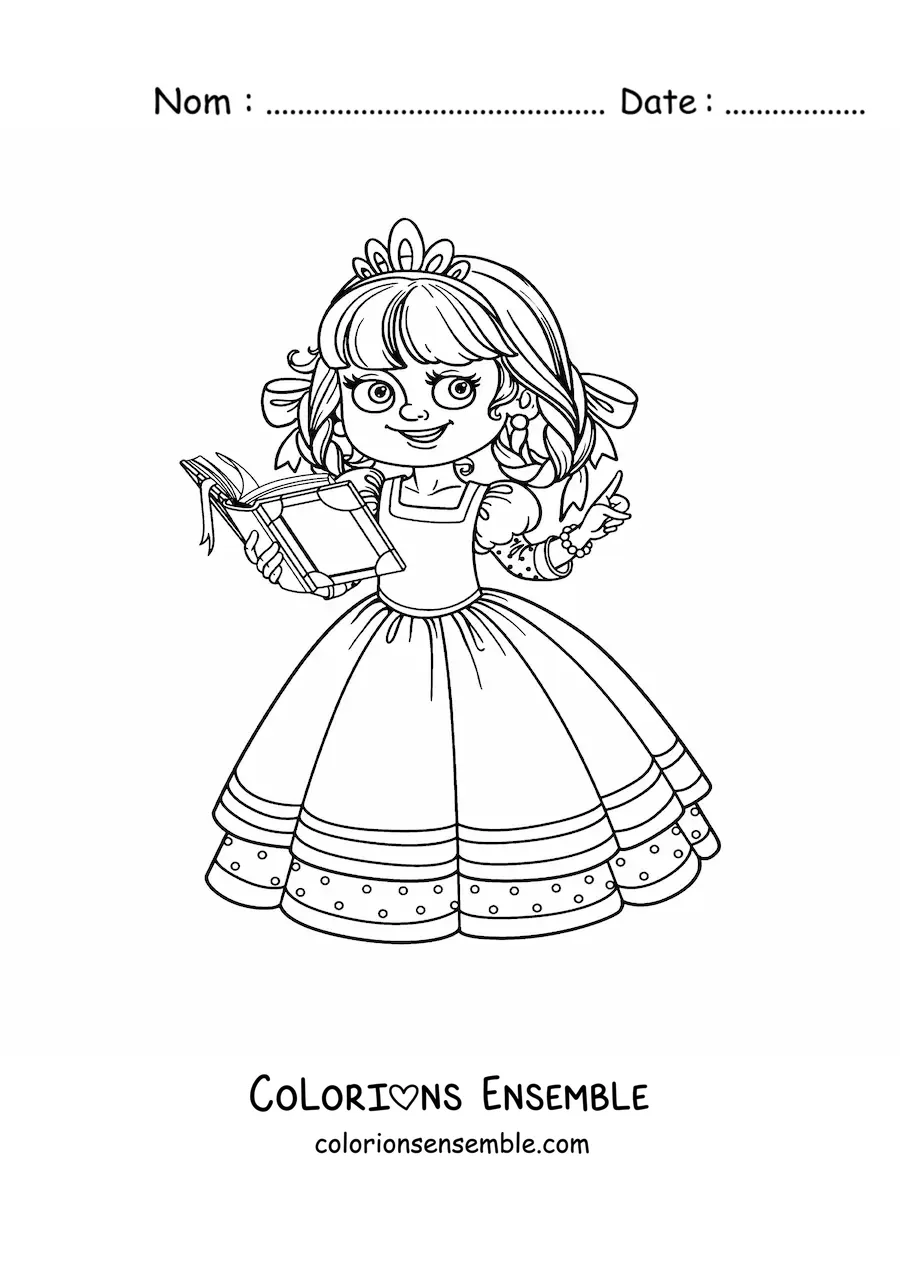 Coloriage d’une princesse kawaii lisant un livre