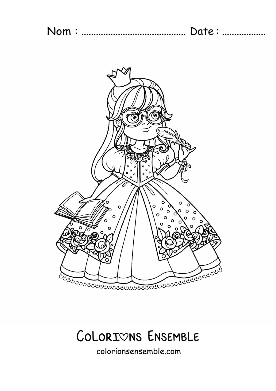 Coloriage d’une princesse intellectuelle kawaii avec des lunettes et un livre